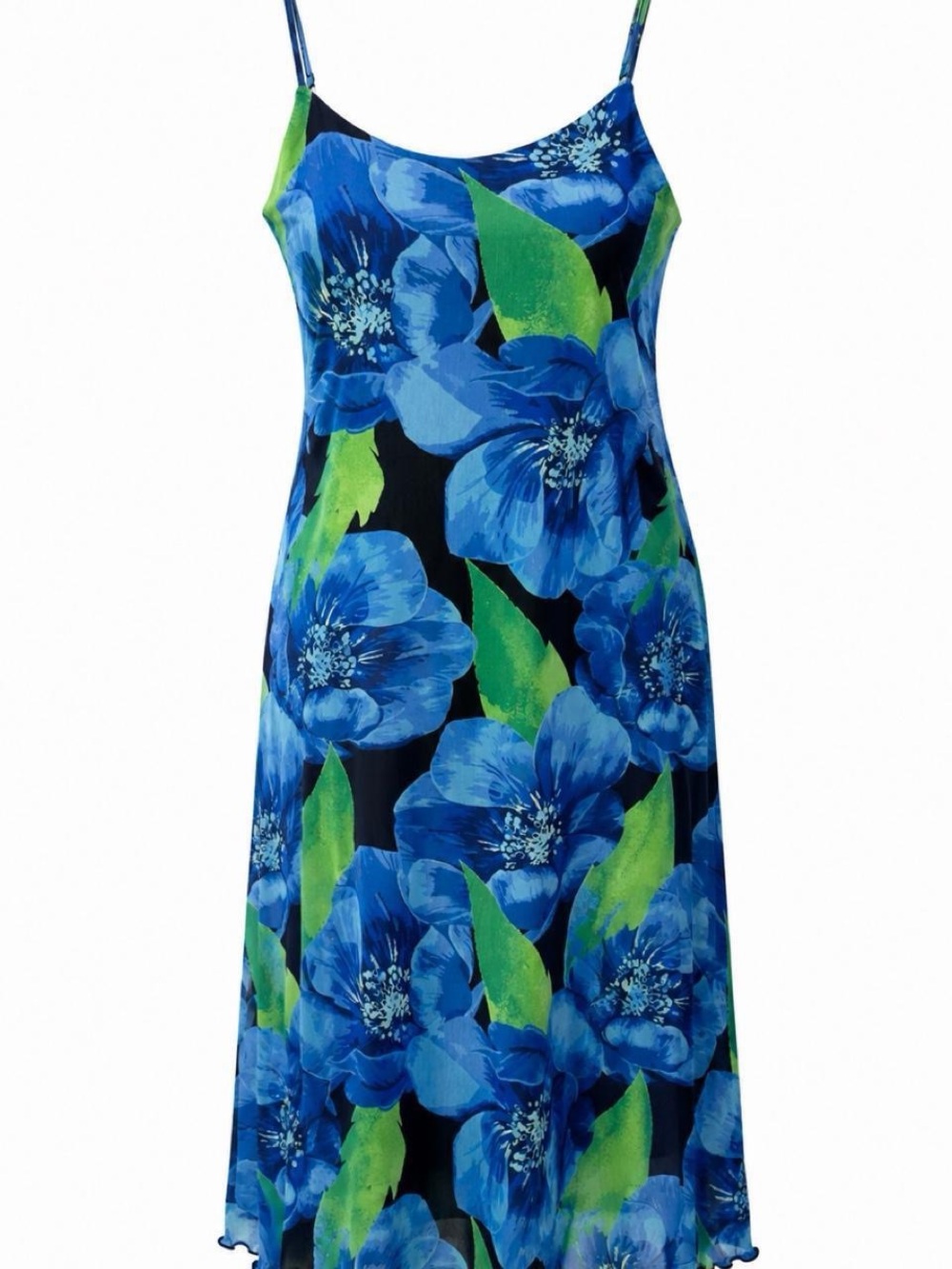 Blue Floral Slip Midi Dress with Green Leaf Print